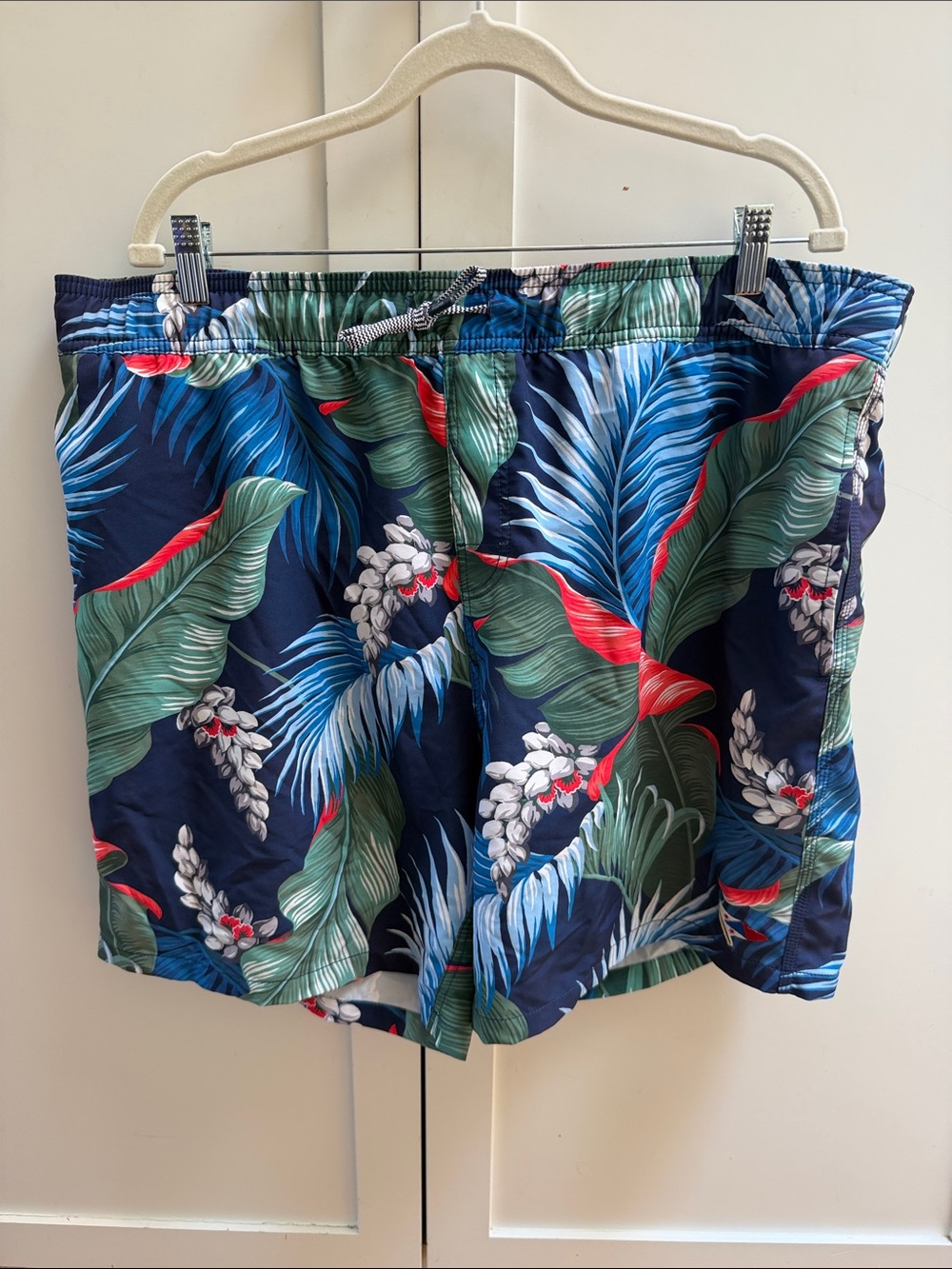 Men's Navy Tropical Print Swim Trunks